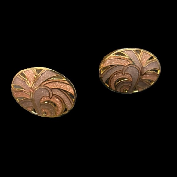 Vintage Cloisonne Enamel Art Deco Inspired Oval Earrings - Picture 2 of 7